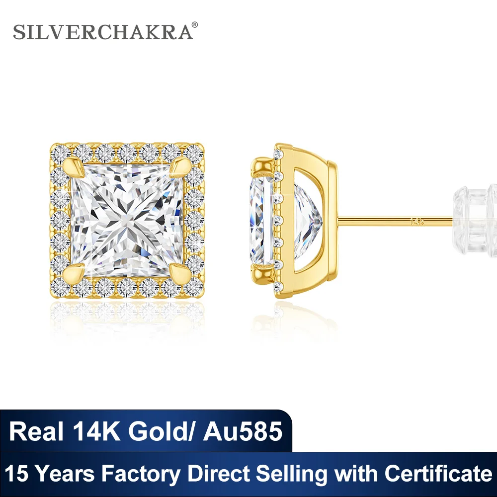Princess Cut Moissanite 14K Gold Stud Earrings for Women Halo Au585 k Gold Studs Wedding & Engagement Vintage Fine Jewelry
