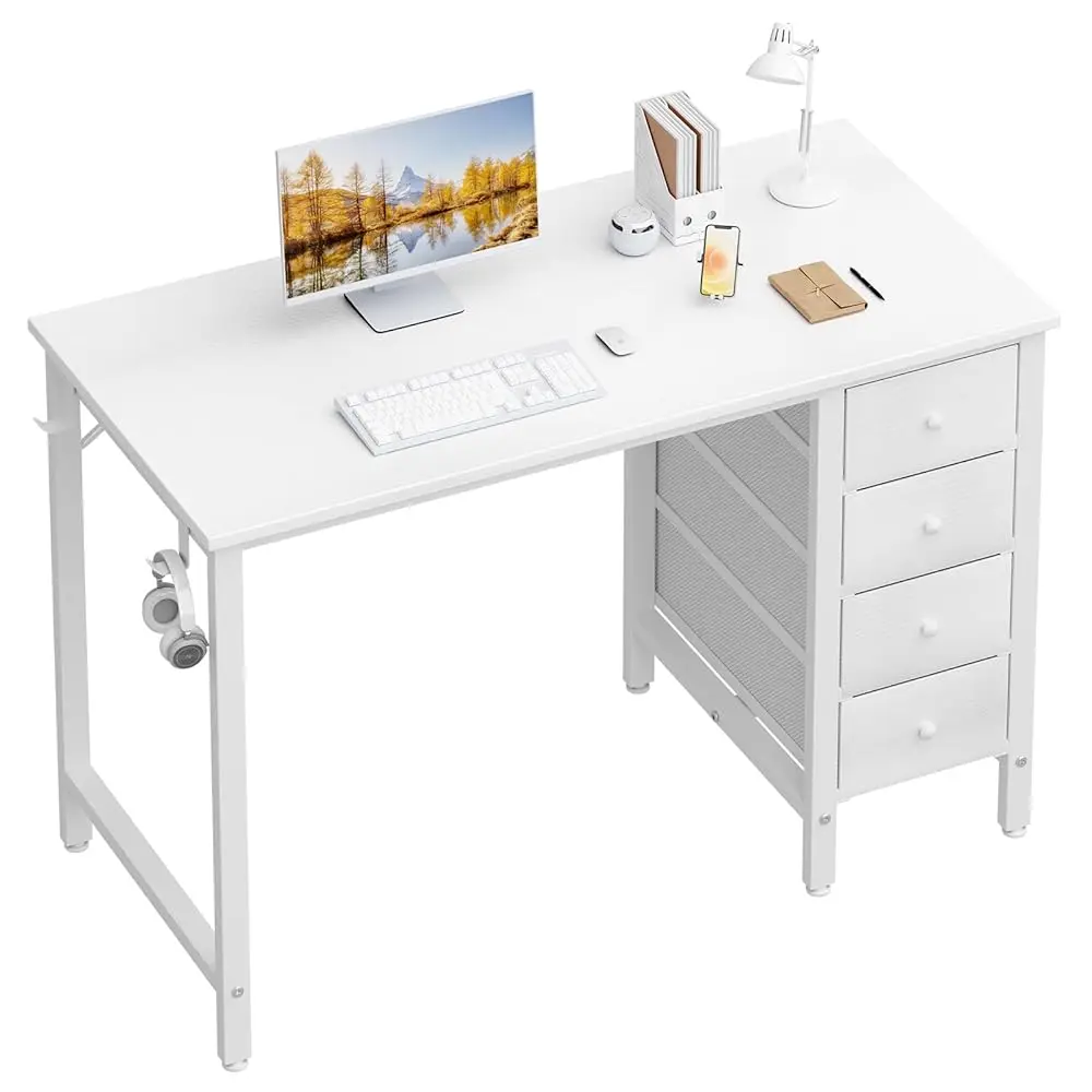 

Small White Desk With Fabric Drawers, 40 H Kids Girls Teen Cute Study Desk For Bedroom Work, Reversible Computer Writing Table