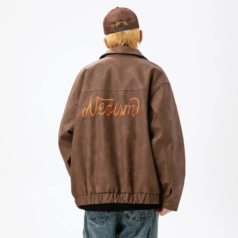 American Vintage Letter Embroidered Pu Leather Jacket For Men And Women Spring New Loose And Versatile Couple Brown Jacket