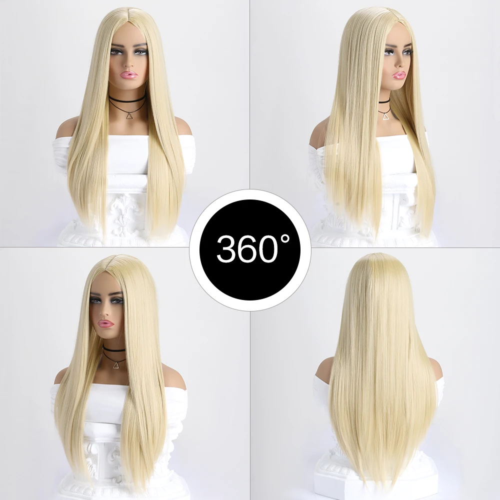 26 Inch Long Synthetic Straight  Wig Mid Bangs Women Ombre Heat Resistant Wigs Daily Use Cosplay Halloween Costume Party