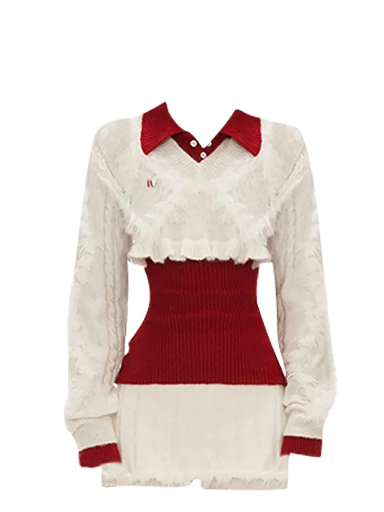 

New Year Design Knitted Red Sweater Women's Autumn Winter New Sle White Strip Trousers Two-Piece Set Cisas Theme Faion