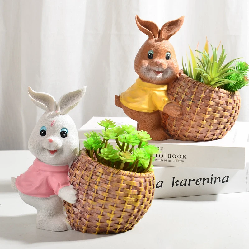 Natural Style Bear Rabbit Figurine Resin Cartoon Bunny Statue Flowerpot With Drainage Holes Retro Cute Animal Flowerpot