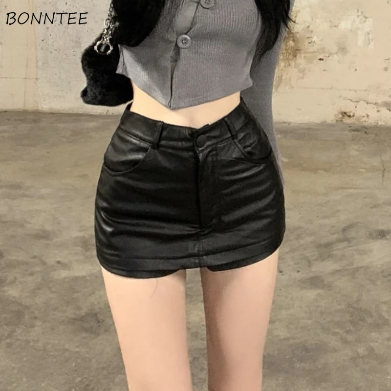 PU Skirts Women Solid Simple Sexy Autumn Korean Style Creativity Special Charming All-match Daily Ladies Vintage Basics Casual