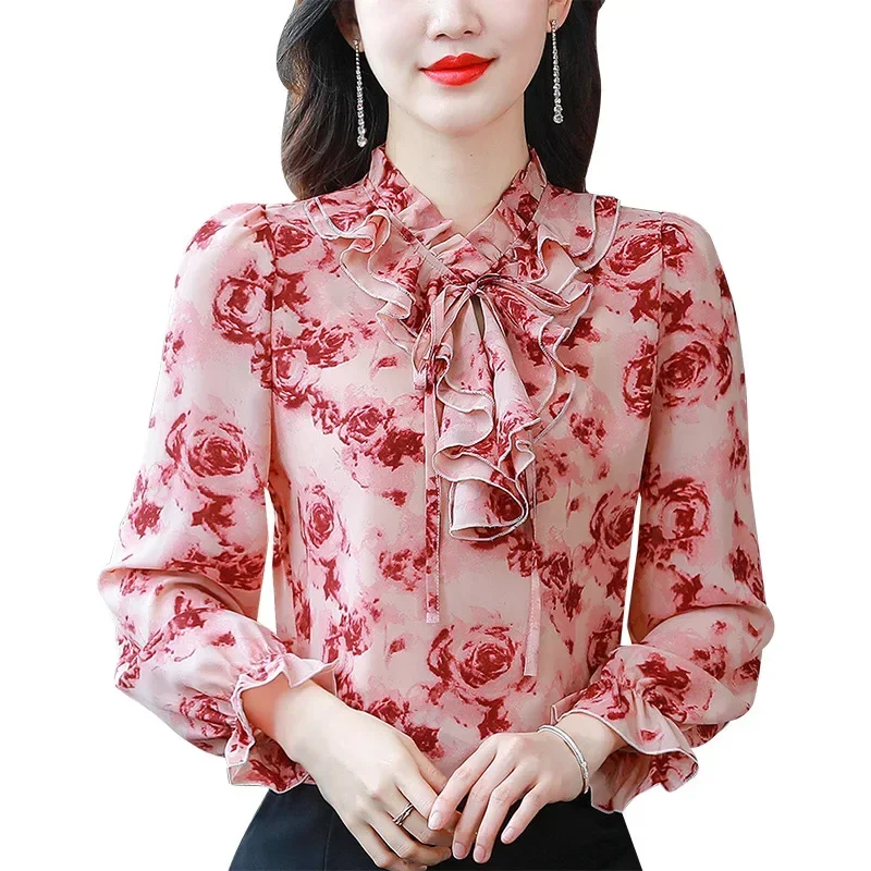 Women's Fungus Ruffle Tie Floral Long Sleeved Blouses Elegant Temperament Chiffon Shirt Spring Fashion
