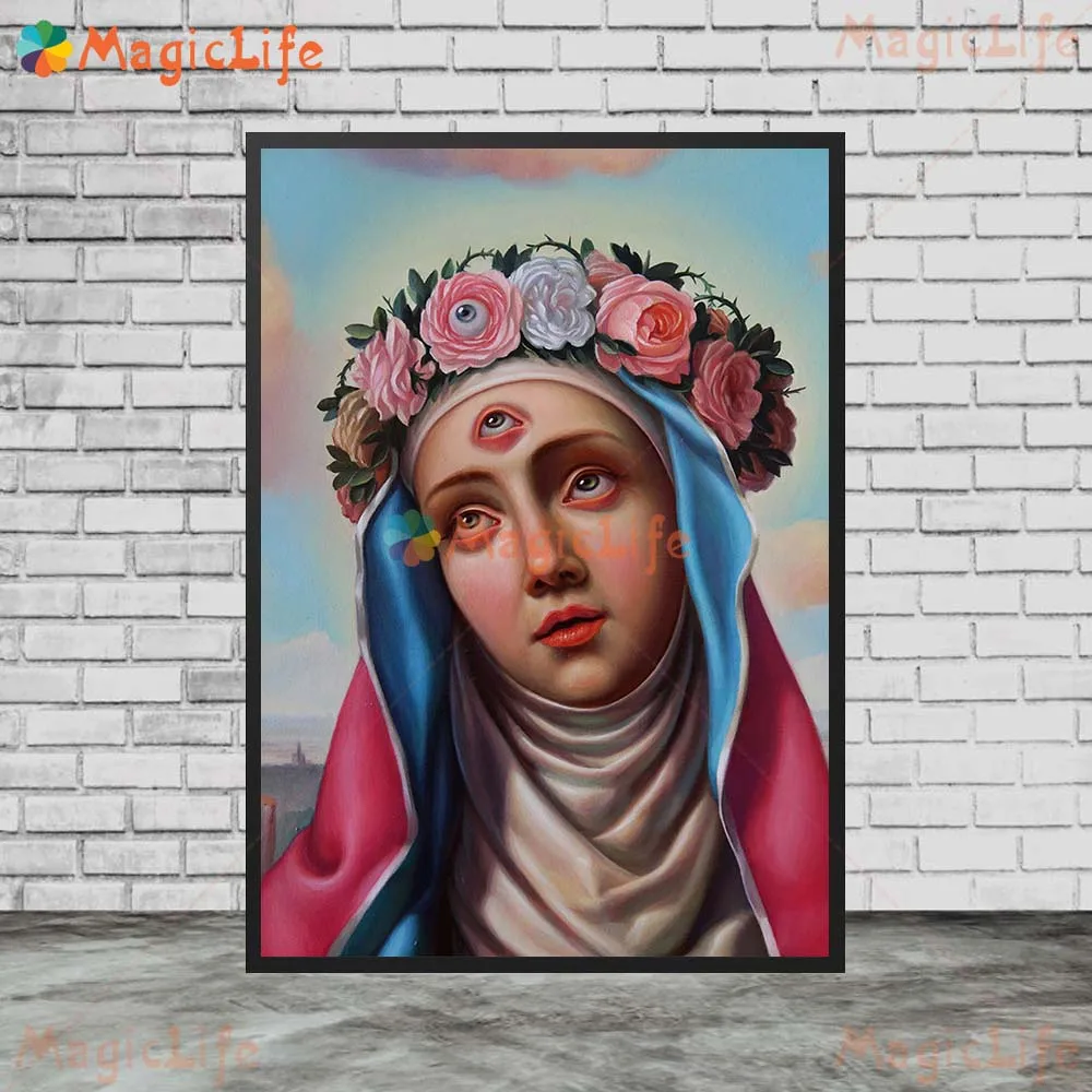 Vintage Surreal Portrait Poster Religion Girl Mary Wall Pictures For Living Room Wall Art Canvas