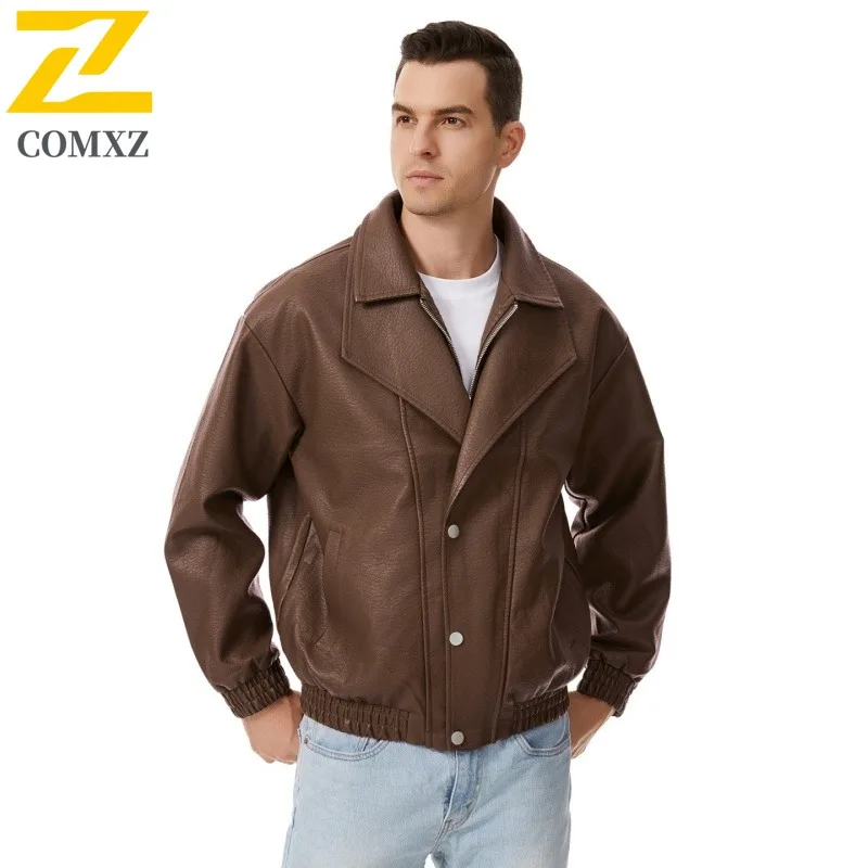 

COMXZ Роскошная мужская кожаная куртка Американская модная легкая мотоциклетная куртка с отложным воротником Осенняя одежда для верховой езды на открытом воздухе