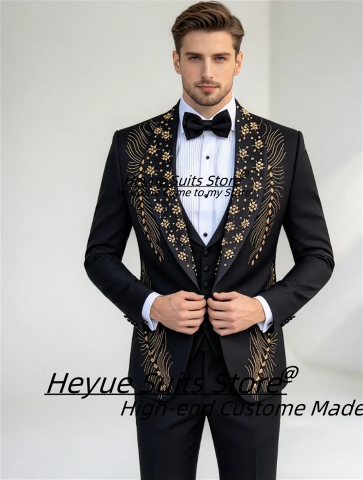 High-end Black Groom Wedding Tuxedo Customized Shawl Lapel Gold Feather Floral Beaded Embroidery Men Suits 3Pcs Sets Ropa Hombre