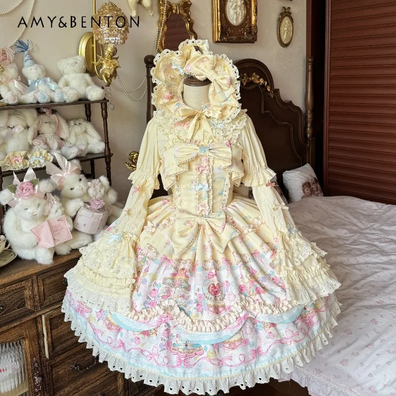 Lolita Style Kawaii Girl Puffy Dress Cute Heavy Craft Cartoon Print JSK Slim Fit Multi-layer Mini Dress Birthday Dress for Women