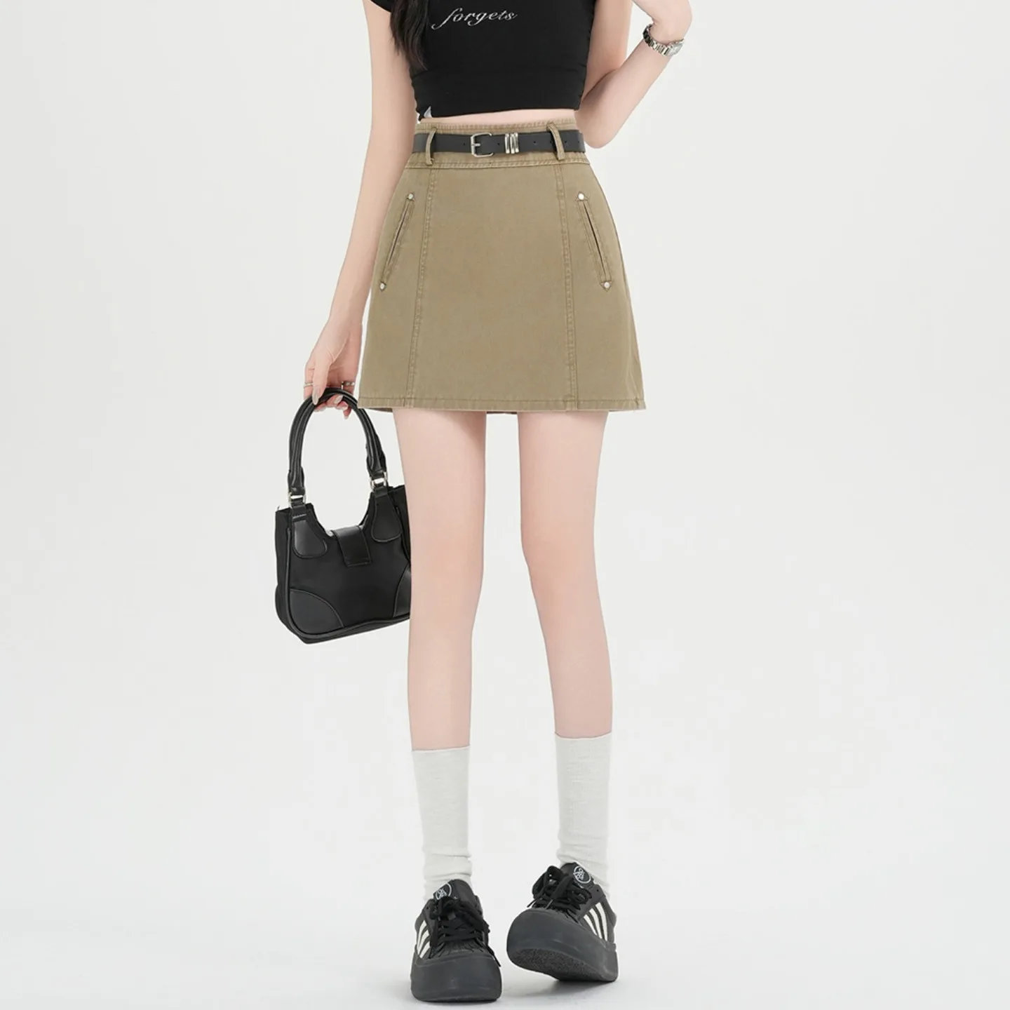 

Модная короткая джинсовая юбка-трапеция цвета хаки с завышенной талией, универсальная летняя новинка для женщин