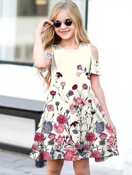 Summer print girl off-the-shoulder round neck fashion dress hot sale