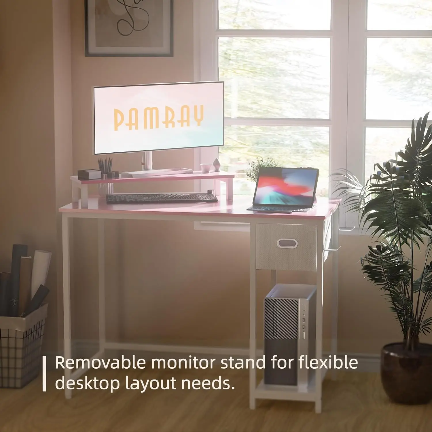 39-Inch Pink Computer Desk with Monitor Stand, Storage Drawer, Adjustable Feet for Home Office Study