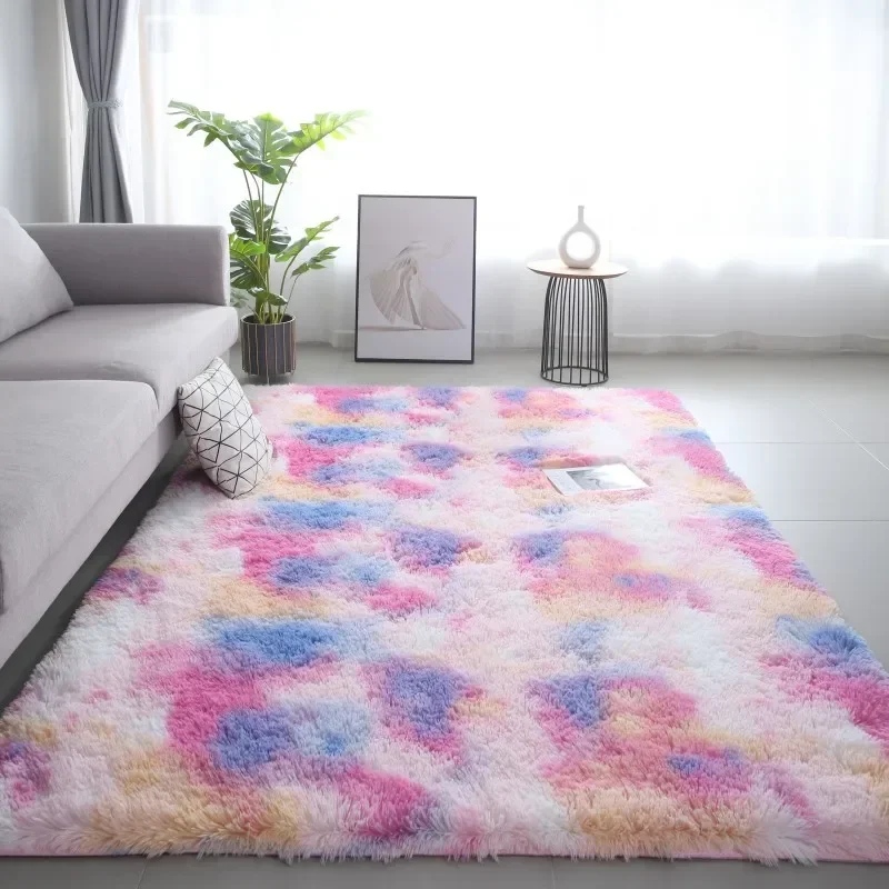 Assorted Tie-Dye Gradient Silk Hair Rug Living Room Coffee Table Pad Bedroom Non-Slip Cozy Carpet