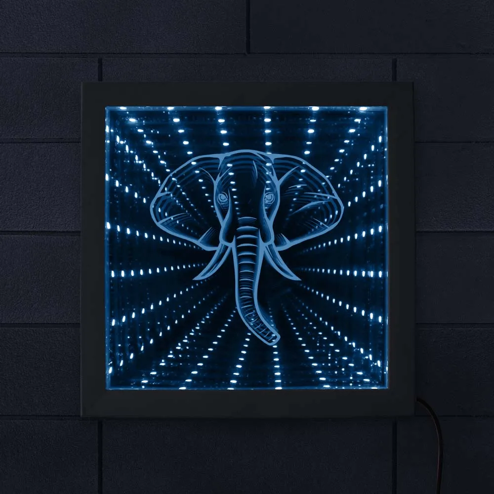 Elephant Lighting Wall Art LED Infinity Mirror Wood Frame Wildlife Animal Safari Wall Decor Vortex Tunnel Interstellar Mirror