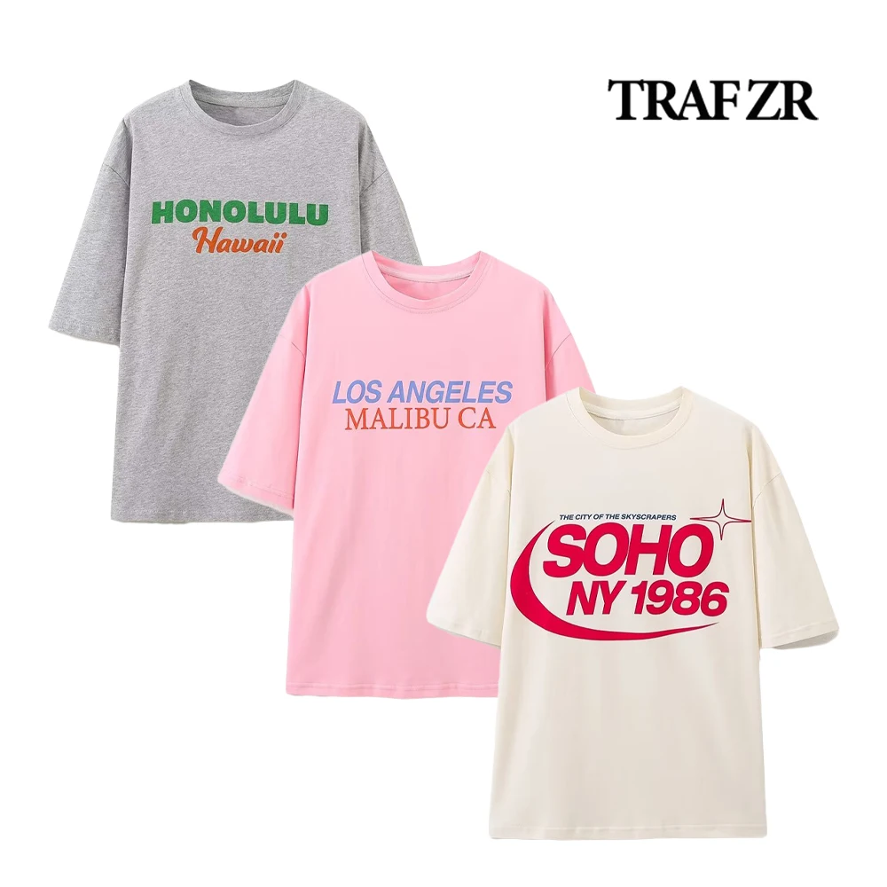 

TRAF ZR Kpop Loose Short Sleeve Tee O-neck Women T-shirts High Street Letter Printed Tees Fashion Cotton T-shirt Basic Y2k Tops