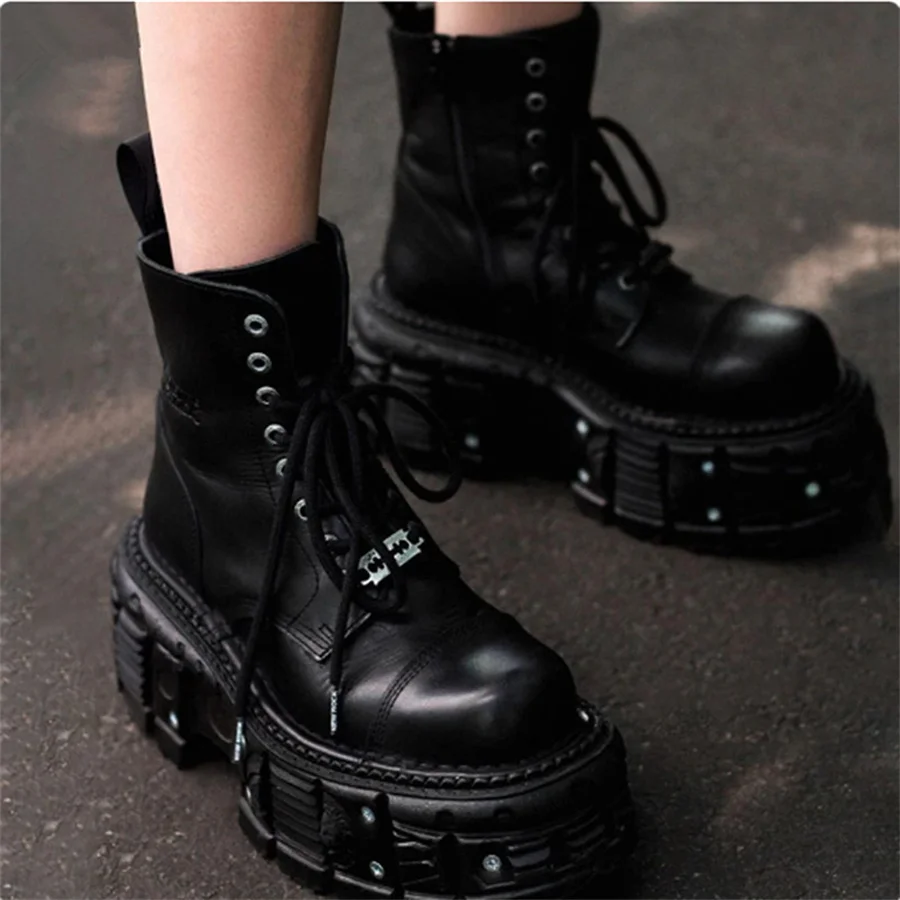 Punkstijl Dameslaarzen Veterschoenen Hakhoogte Plateauzolen Vrouw Gothic Enkel Rocklaarzen Metal Decor Man En Vrouw Sneakers 2024