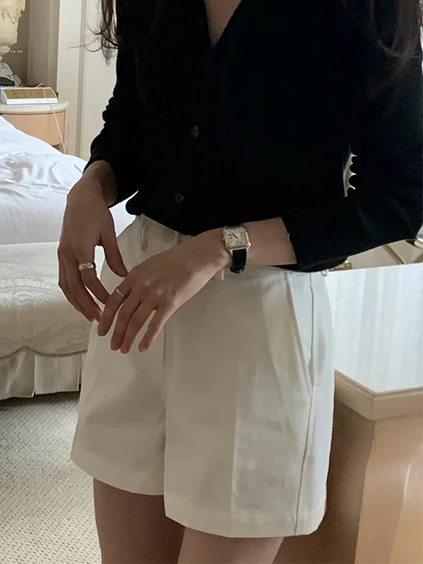 한국 스타일 루즈 슬리밍 캐주얼 와이드 레그 팬츠 여성 여름 2025 신상 다용도 스몰 사이즈 화이트 반바지 하이웨이스트