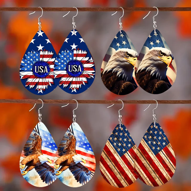 Celebrate United State Independence Day Dangle Jewelry Black Freedom Sunflower Eagle Pattern Print Wooden Teardrop Earrings