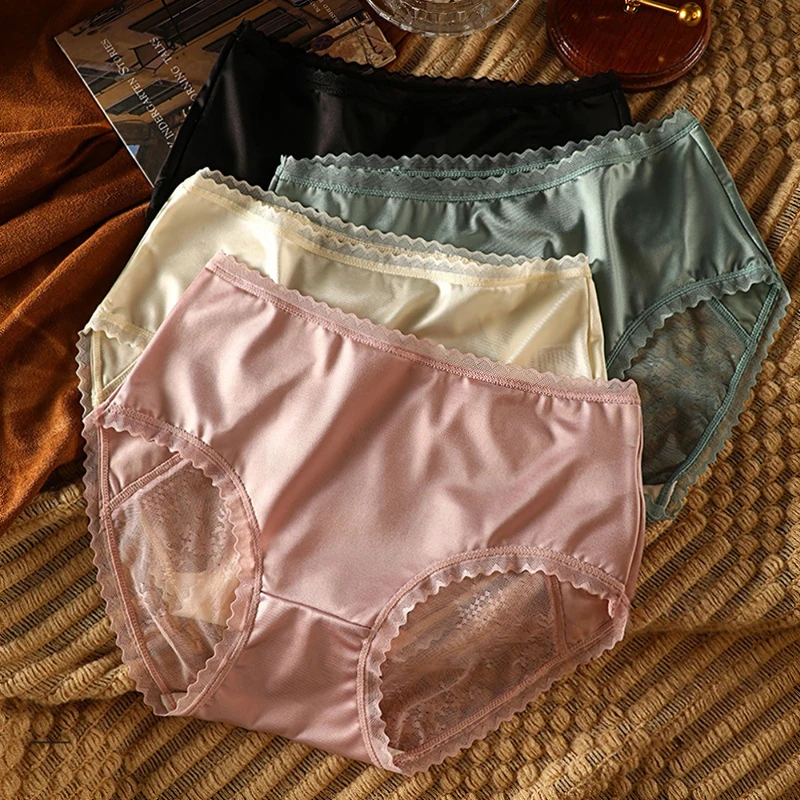 

4 Piece Womens Sexy Silky Satin Panties Soft Lingeries Summer ThinTransparent Lace Underwear Briefs