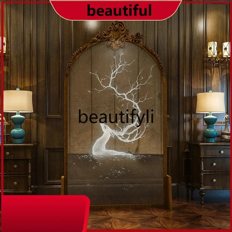 European simple solid wood carving flower screen partition living room study entrance hollow home decoration screen H