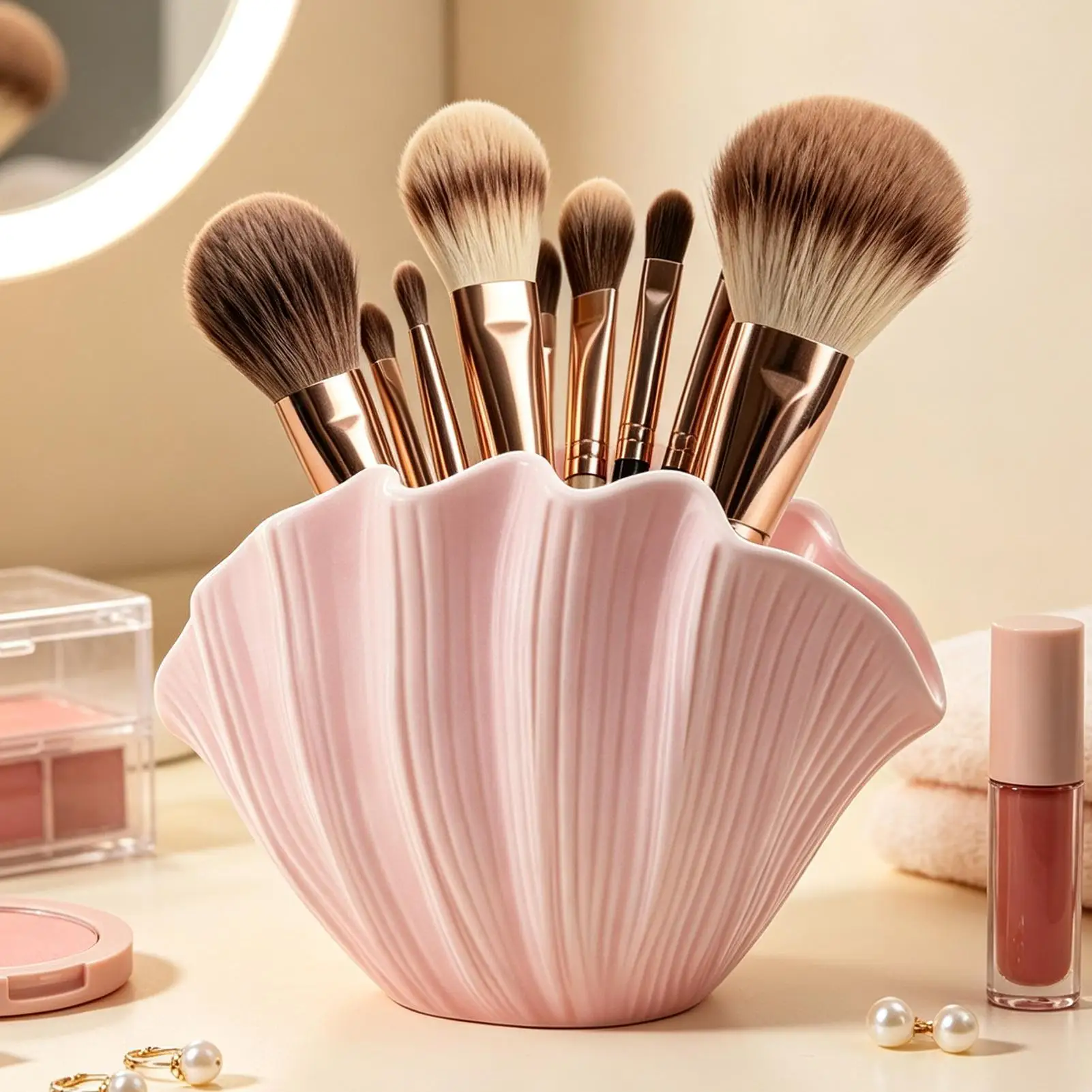Shellshaped Makeup Brush Holder Coastal Desk Organizer Seashell Storage Container For Pens Brushes, Home Vanity Decor