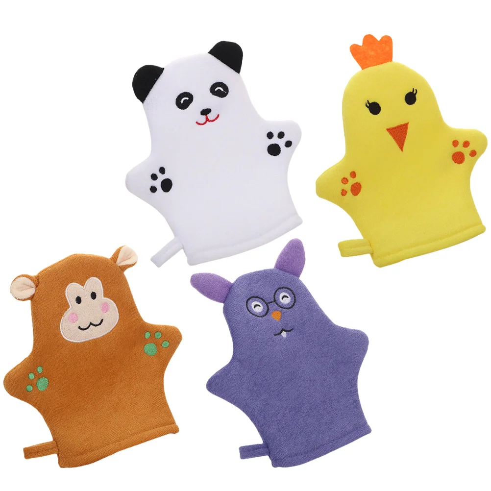 

4 Pcs Baby Bath Gloves Body Cleaning Towel Take Shower Mitts Polyester Cotton Cartoon Bathing Supplies Toddler Towels