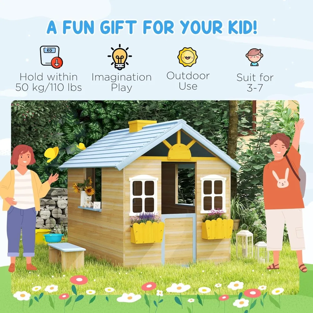 Wooden Playhouse for Kids Outdoor Garden Pretend Play Games, Adventures Cottage, with Working Door, Windows, Playhouses