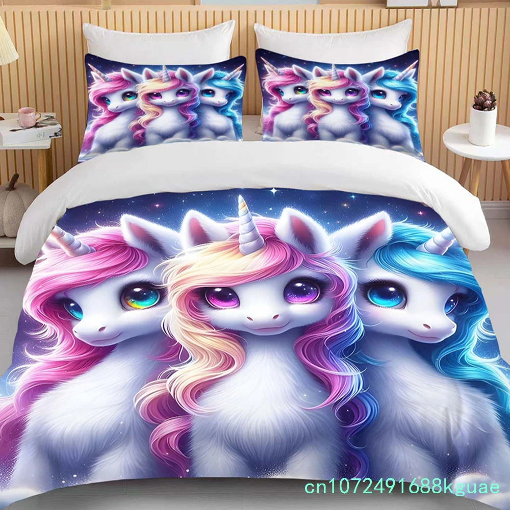 Cute Cartoon Unicorn Print Bedding Set Duvet Cover 1 Duvet Cover 2 Pillowcases Adult And Children Bedding Set Luxury Grils Gift