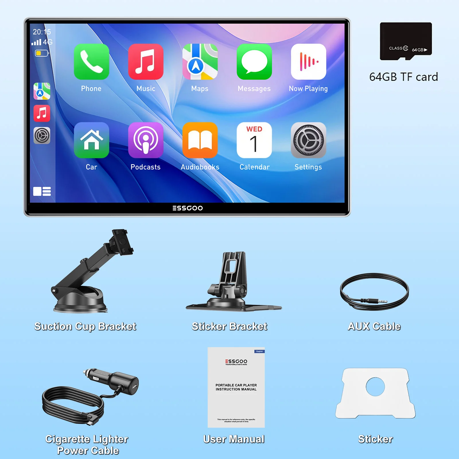 ESSGOO 9-inch touchscreen draagbare autoradio Radio Draadloos Apple Carplay Android Auto USB TF Bluetooth Mirror Link