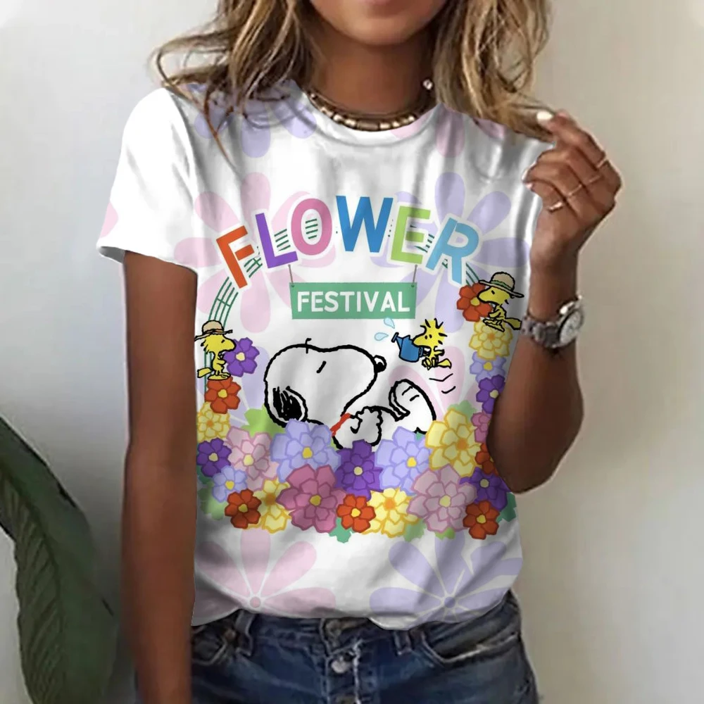 2024 New Women's Oversized Women's Blouse Breathable and Refreshing Short Sleeve T-Shirt Round Neck Snoopy print Pattern Top