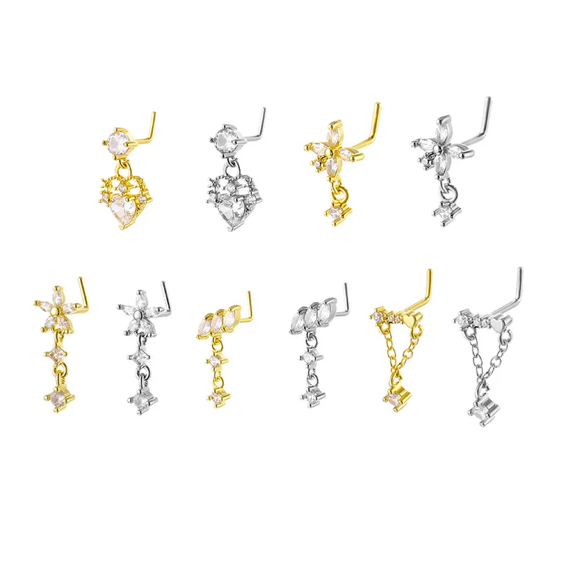 Surgical Steel L Bend Long Dangle Nose Ring CZ Butterfly Flower Nose Stud for Women 20G Nose Piercing Jewelry Fashion Trendy