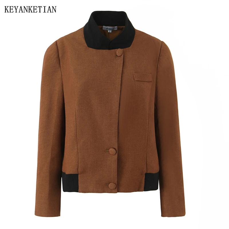 

KEYANKETIAN 2026 Spring New Women's Single Breasted Jacket Leisure style Screw Thread Stand collar Slim Crop Blazer Coat Top
