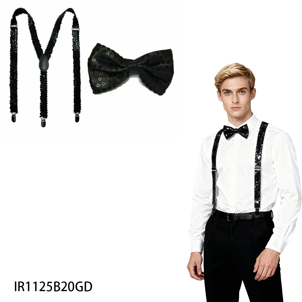 เครื่องประดับชุดวันเซนต์แพทริกแบบวิบวับ: สายเอี๊ยมและเนคไทโบว์ประดับเลื่อมสีดำ – ชุดสไตล์ไอริชสุดหรูสำหรับเทศกาล