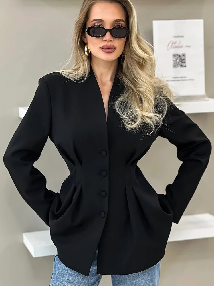 

Elegant V-neck Tunics Black Suit 2025 Autumn Women's Long Sleeve Single Breasted Slim Blazers Ruched Outerwear Streetwear