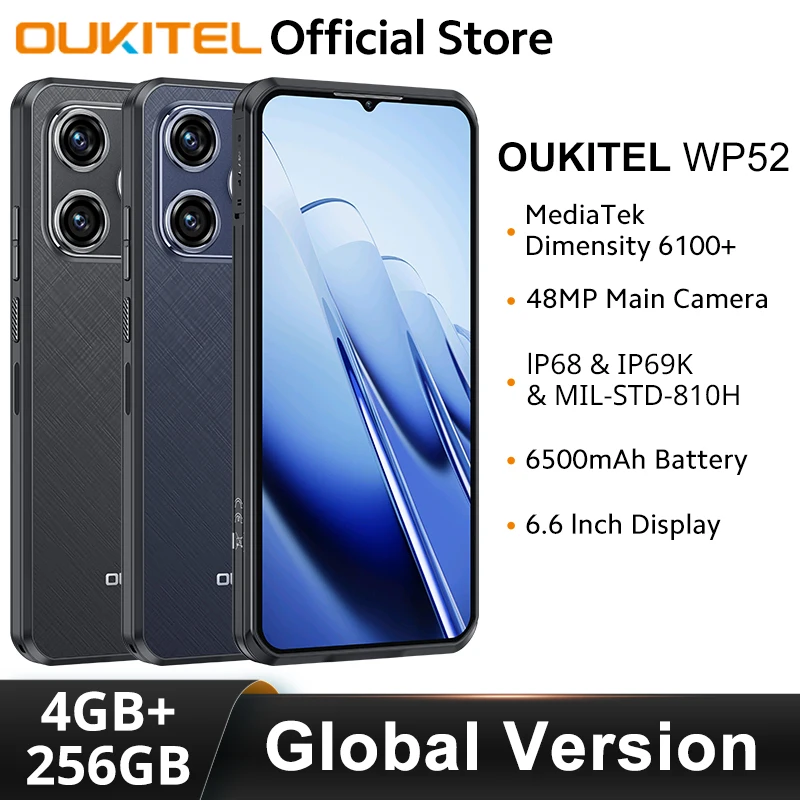 Прочный смартфон Oukitel WP52, глобальная версия, 6,6-дюймовый HD-дисплей, 4 ГБ + 256 ГБ, размер MTK, 6100 + 6500 мАч, 48 МП, мобильный телефон NFC