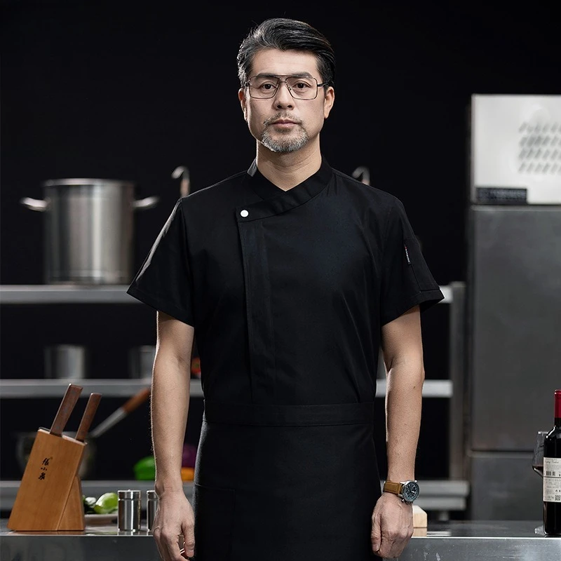 Chef Uniforms Short-sleeved Summer Catering Restaurant Kitchen Work Clothes Men Women Chef Overalls Slant Collar Work Clothes