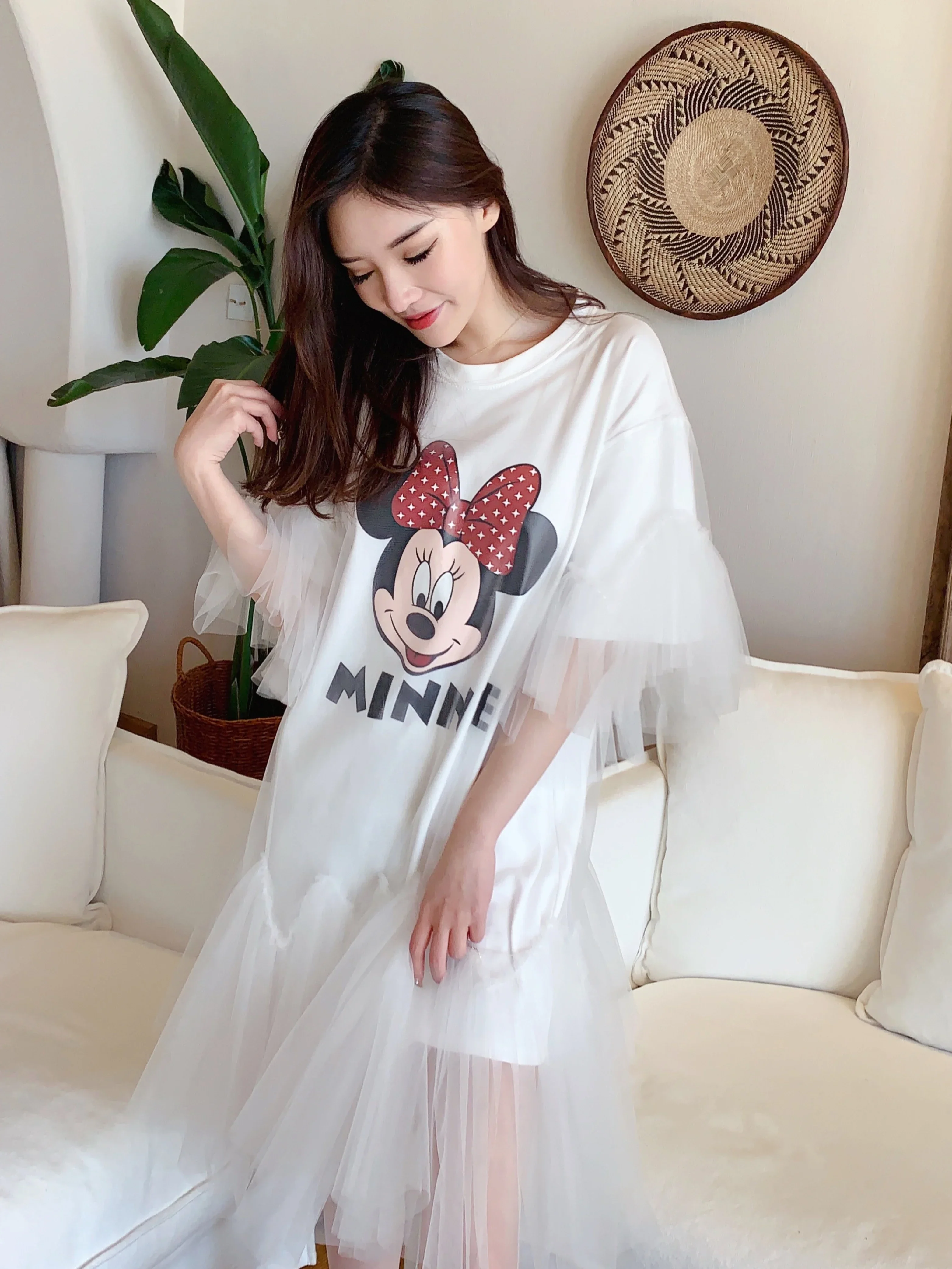 Summer New Sweet Cartoon Printed Short Sleeve Loose T-shirt Women Stitching Puffy Mesh Yarn False Two Pieces Veil T-shirt Dress