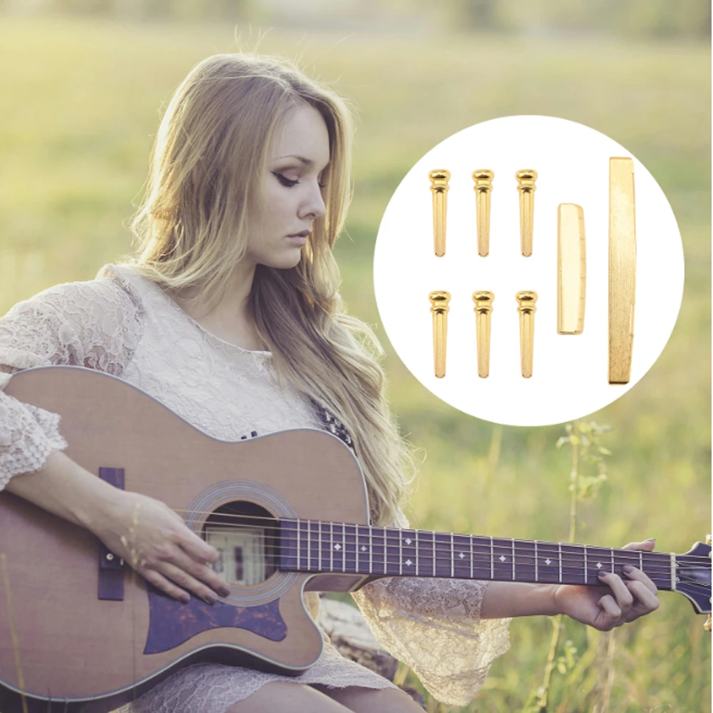 Guitar Bridge Pin 6pcs/lot  Golden Brass Bridge Pins & Bridge Nut Saddle Set for Folk Acoustic Guitar Hot