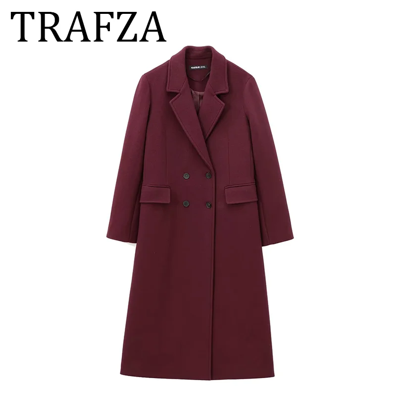 

TRAFZA Women Fashion Burgundy Woolen Coat Double Breasted Long Sleeve Lapel Blends Jacket Autumn Winter High Street Outerwear