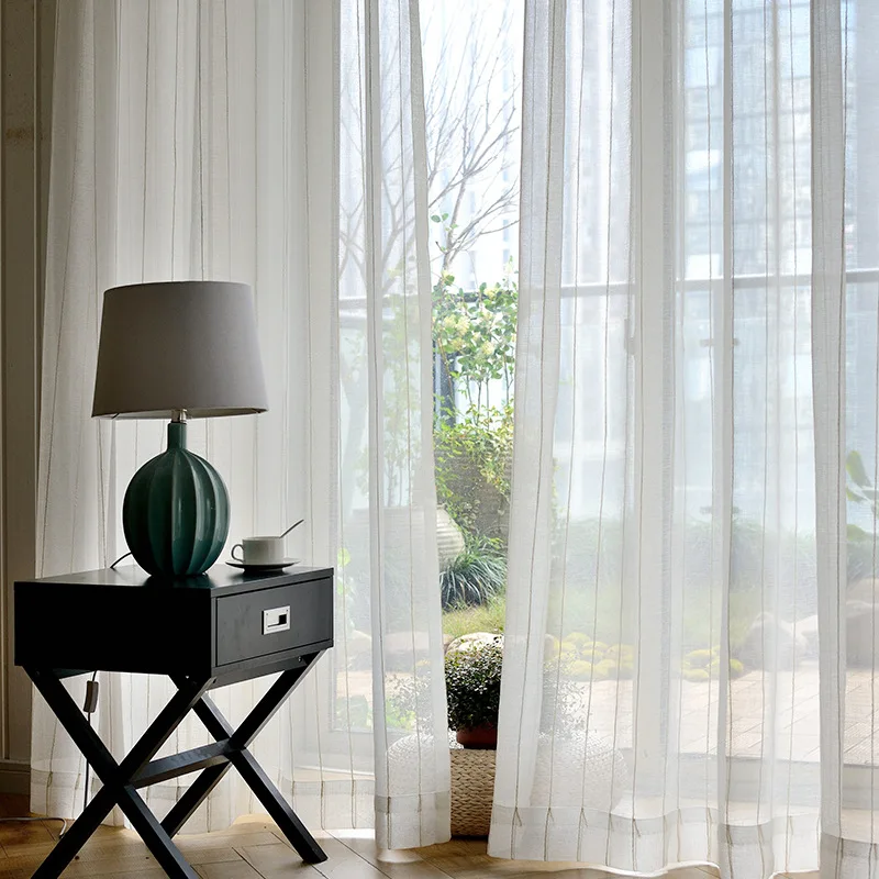 Nordic white Japanese linen cotton curtain tulle for bedroom living room striped gauze finished floating curtain balcony window