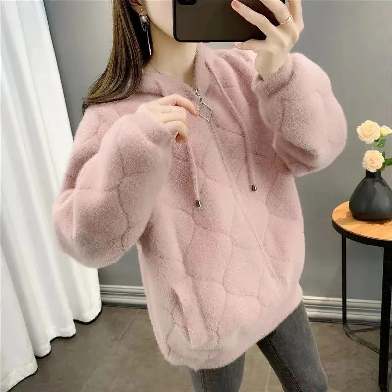 

2023 Autumn Winter New Fashion Imitation Mink Velvet Jacket Women LooseThickened Hooded Knitted Cardigan Female Tops Outerwear