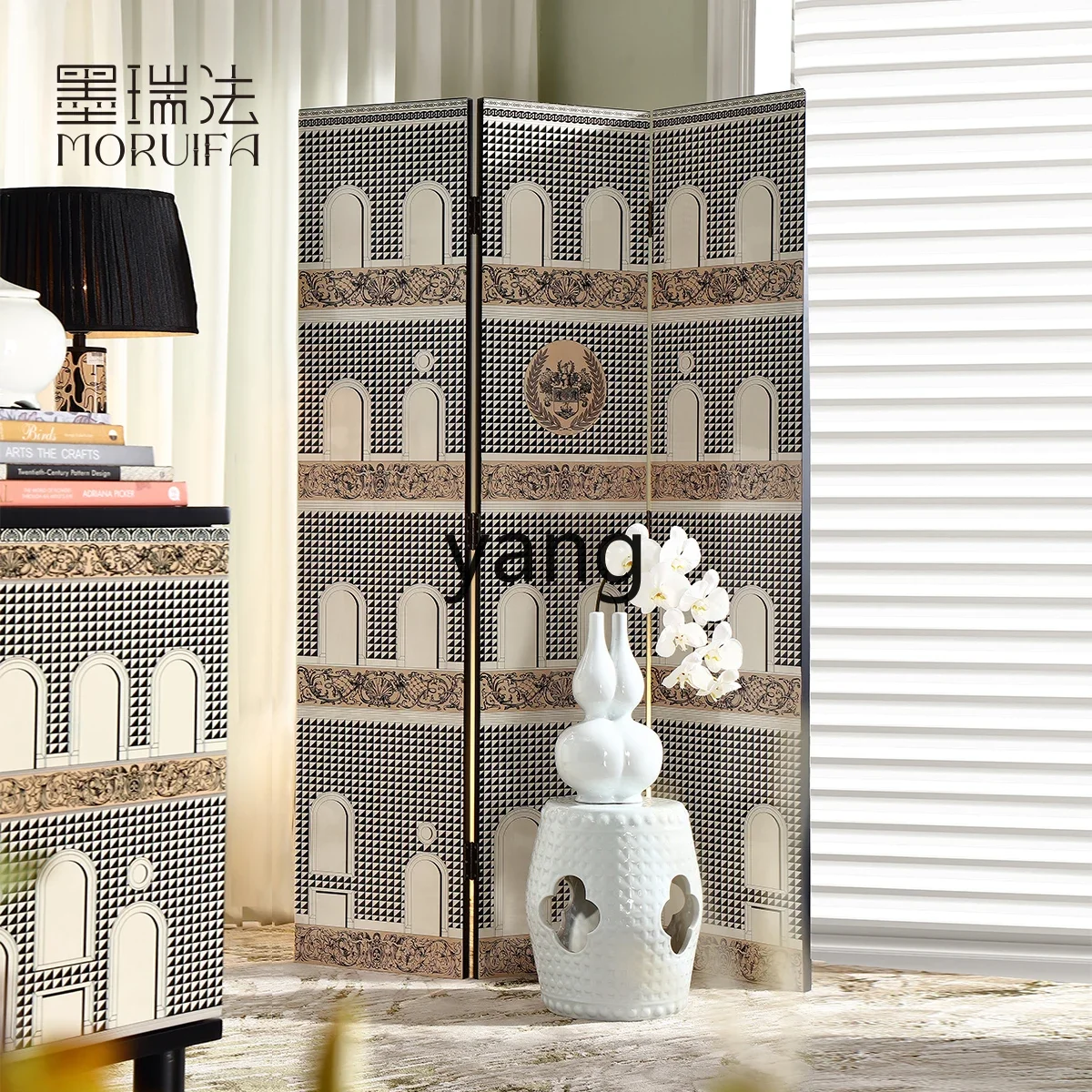 LM medieval French retro black and white lattice screen living room bedroom partition foldable