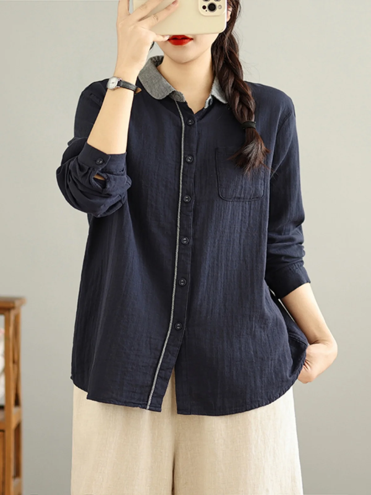 الرجعية اليابانية Sle المرأة القطن irt الخريف الربيع منقوشة نمط طبقات عادية أعلى طوق طويل Sve منتظم صالح #2