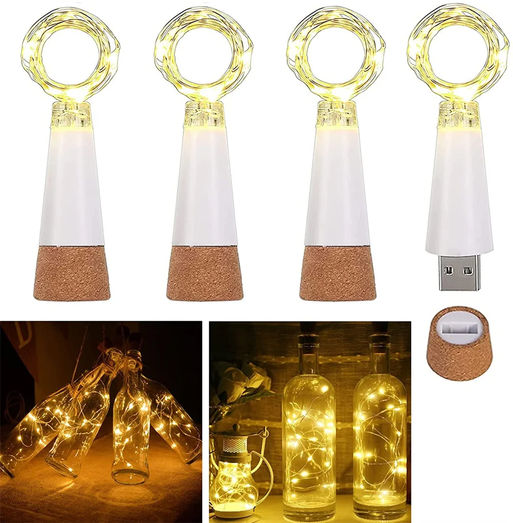 USB Rechargeable Wine Bottle Lights Waterproof 2M 20 LED Cork Shape Fairy String Lights for Wedding Christmas Party Decoration