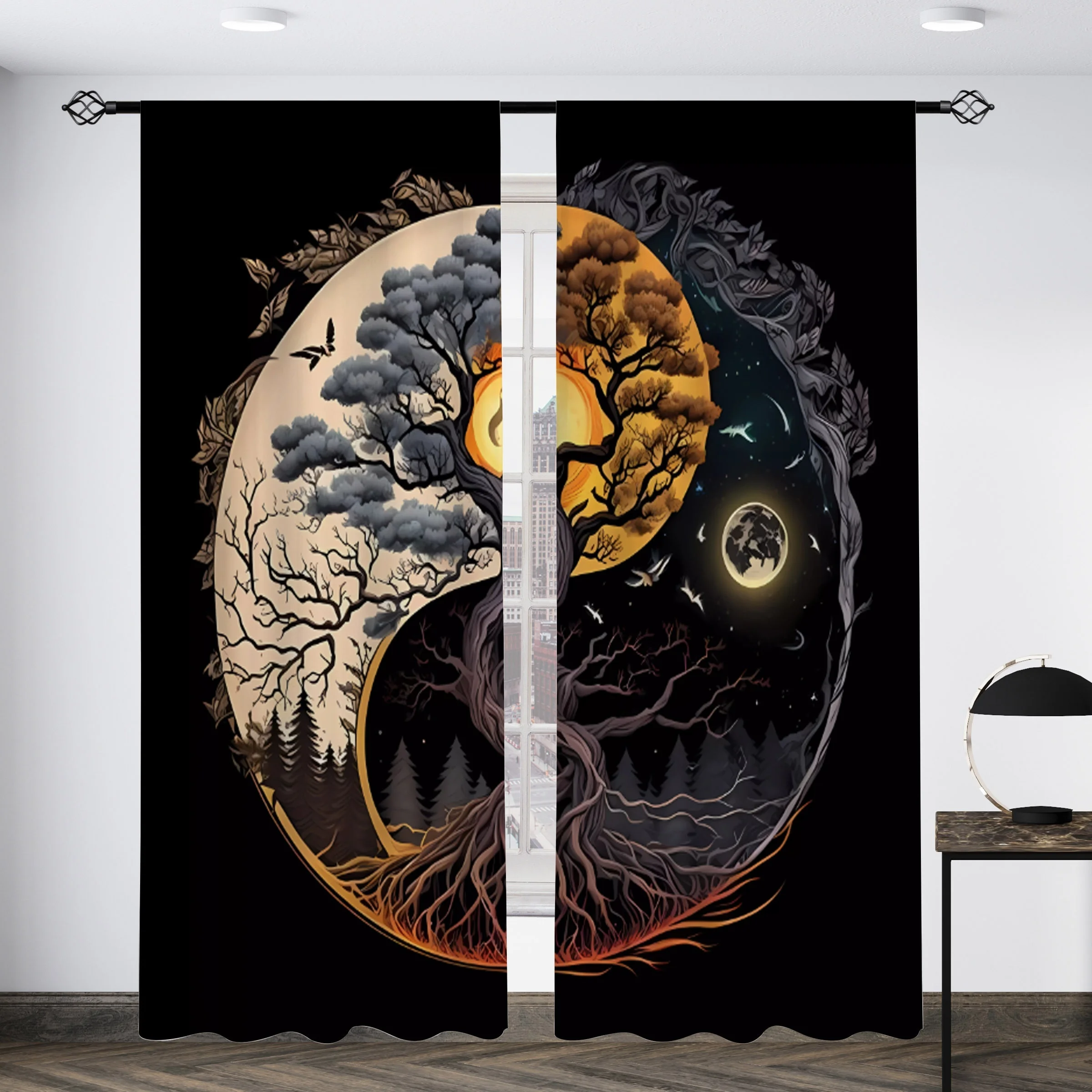 Surreal Yin Yang Day Night Forest City Abstract Art Curtains Window Panel Boho Gothic Room Decor Wall Hanging Curtain Drapes