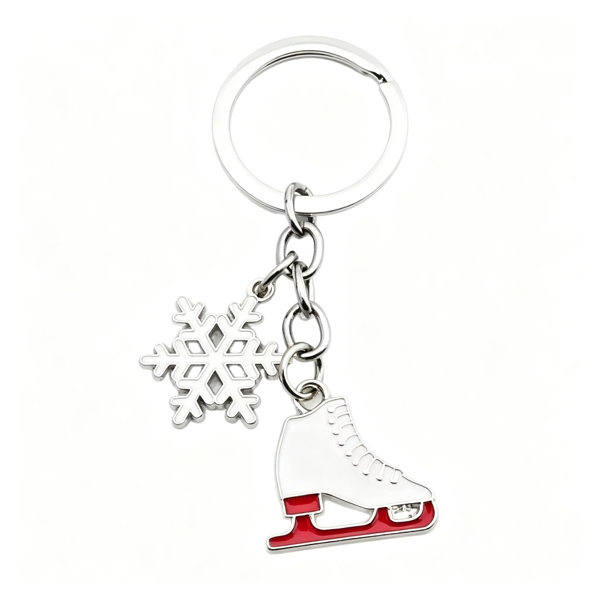 Schlüsselanhänger Eisschlittschuh & Schneeflocke Legierung Weiß Rot Emaille Niedlicher Winter-Taschenanhänger Weihnachtsgeschenk Damen Sport-Urlaubszubehör – Detail 2