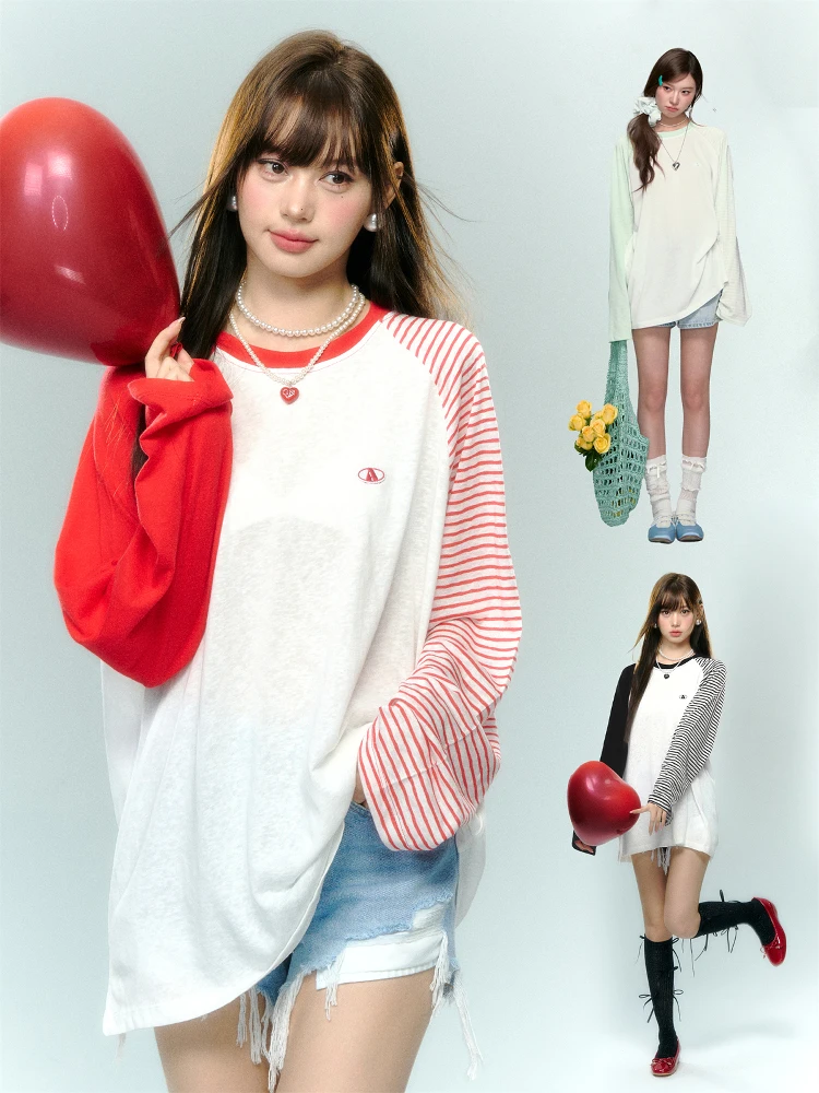 

AsGony Ранняя осень Тонкая солнцезащитная футболка irt Свободная повседневная длинная футболка Све Цветная полосатая футболка для поездок на работу Топ