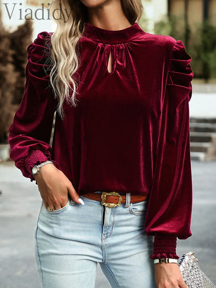 Velvet Puffl manga solta blusa, blusa