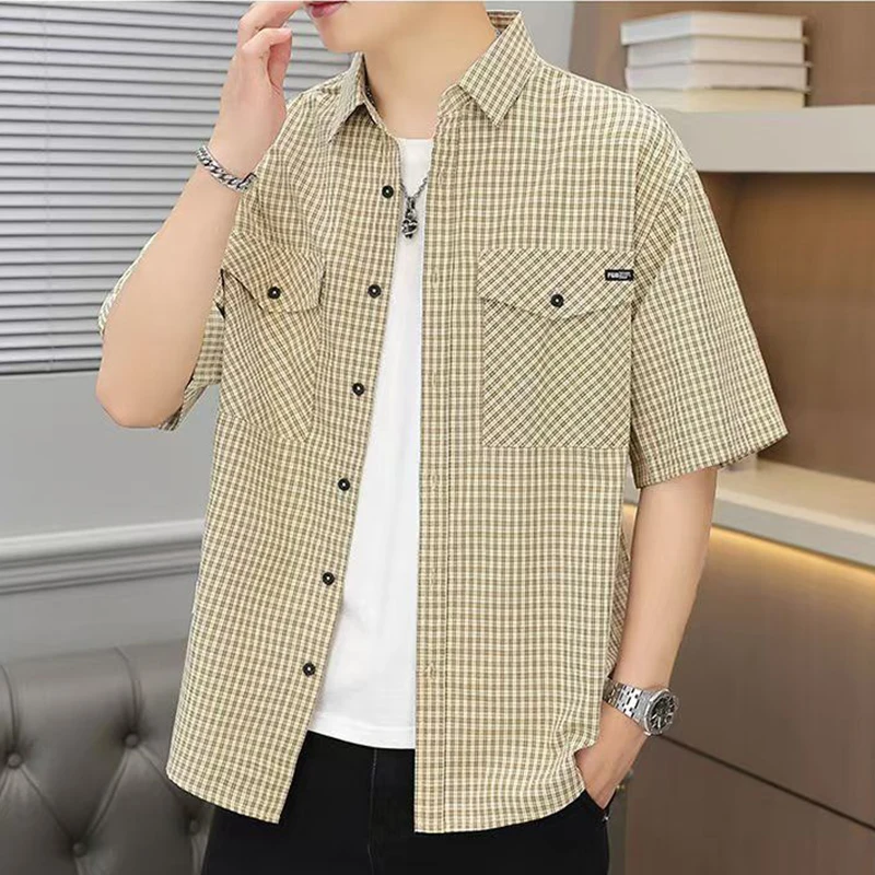

Fashion Lapel Button Spliced Pockets Plaid Shirts Men's Clothing Summer New Oversized Casual Tops All-match Korean Shirt
