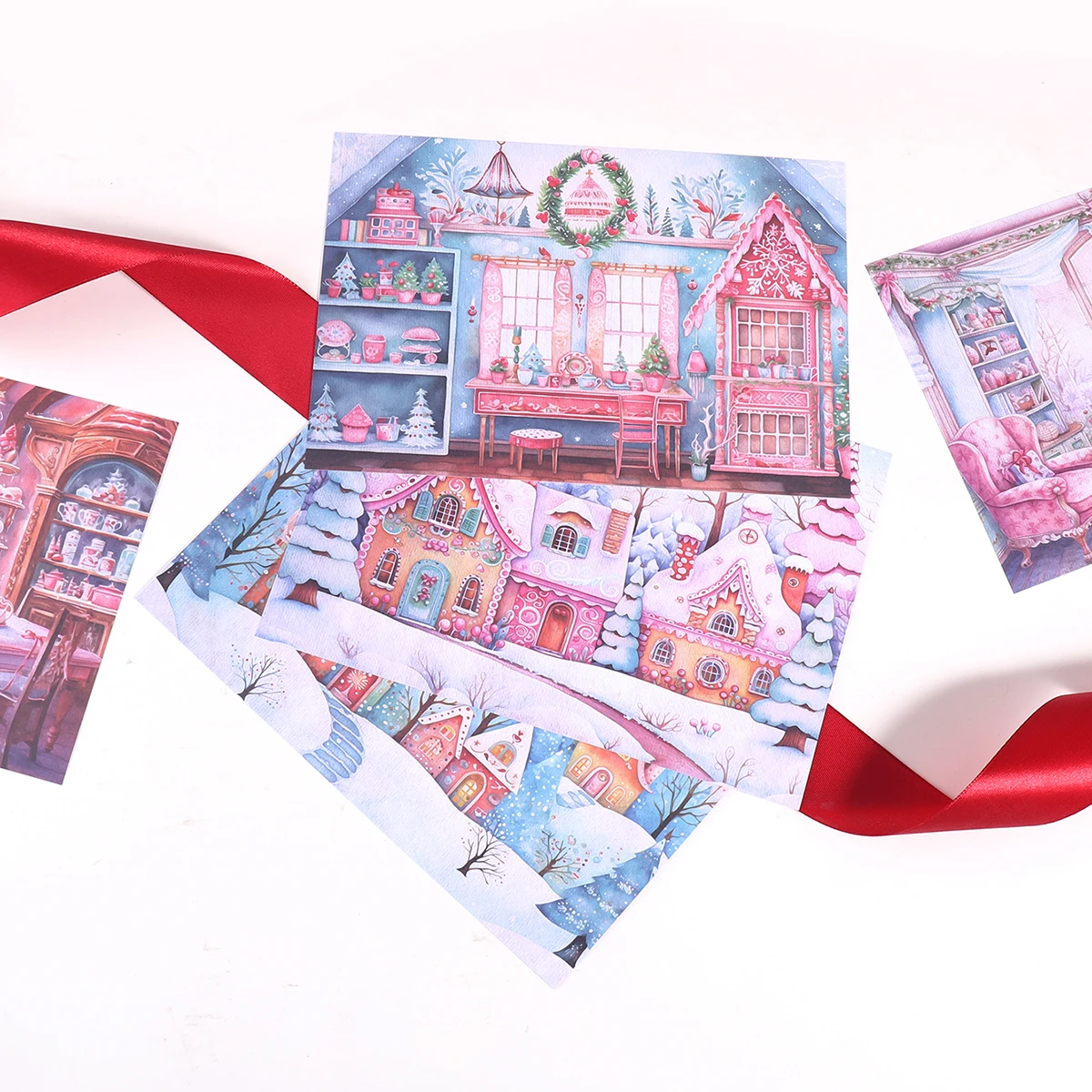 8pcs Warm Christmas House Creative Paper Sheets, A5 Single-sided Snow Scene Patterns, For Decorating Stationery And Holiday Gift
