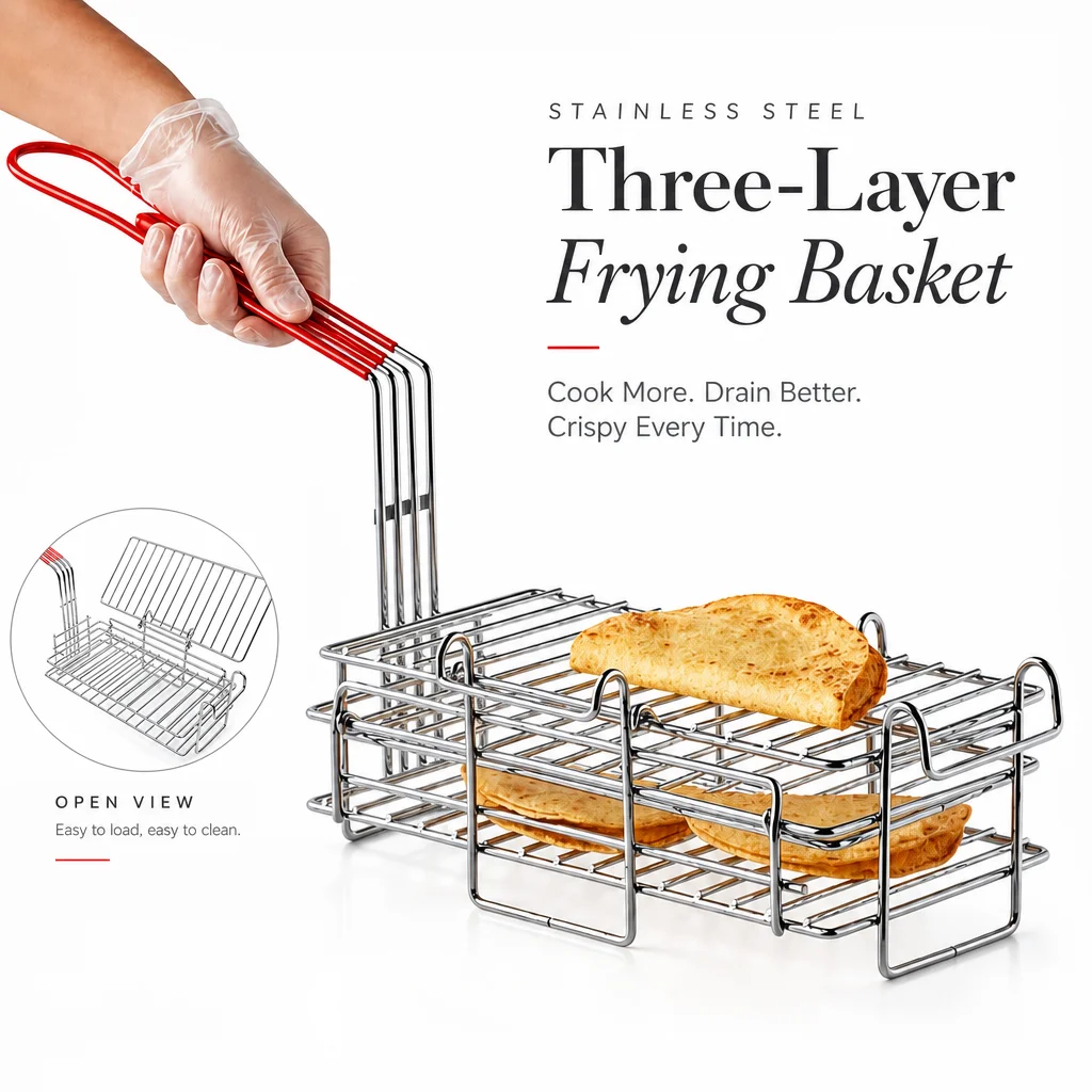 3‑Tier Metal Deep Fry Basket with Hinged Flip Cover Anti‑Scald Red Handle for Tortilla Taco Chips Home Restaurant Kitchen